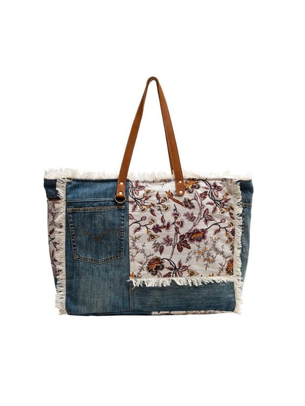 Patchwork Purse - Canvas Purse for Women with Real Leather Strap, Fabric